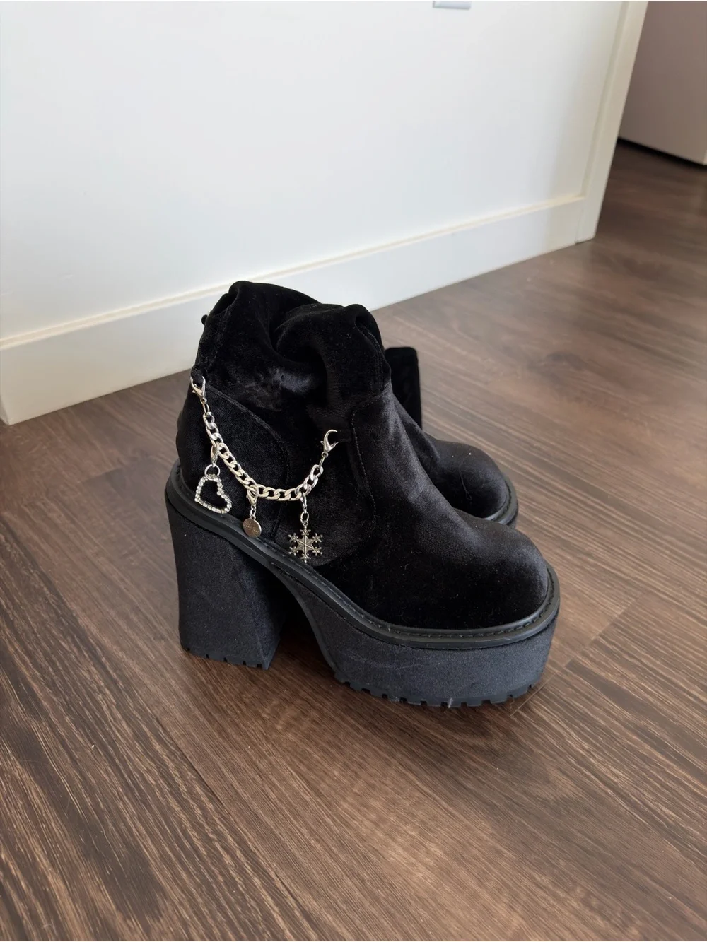 Dolls Kill BRATZ Black Velvet Over-the-Knee Platform Boots with Chain Accent